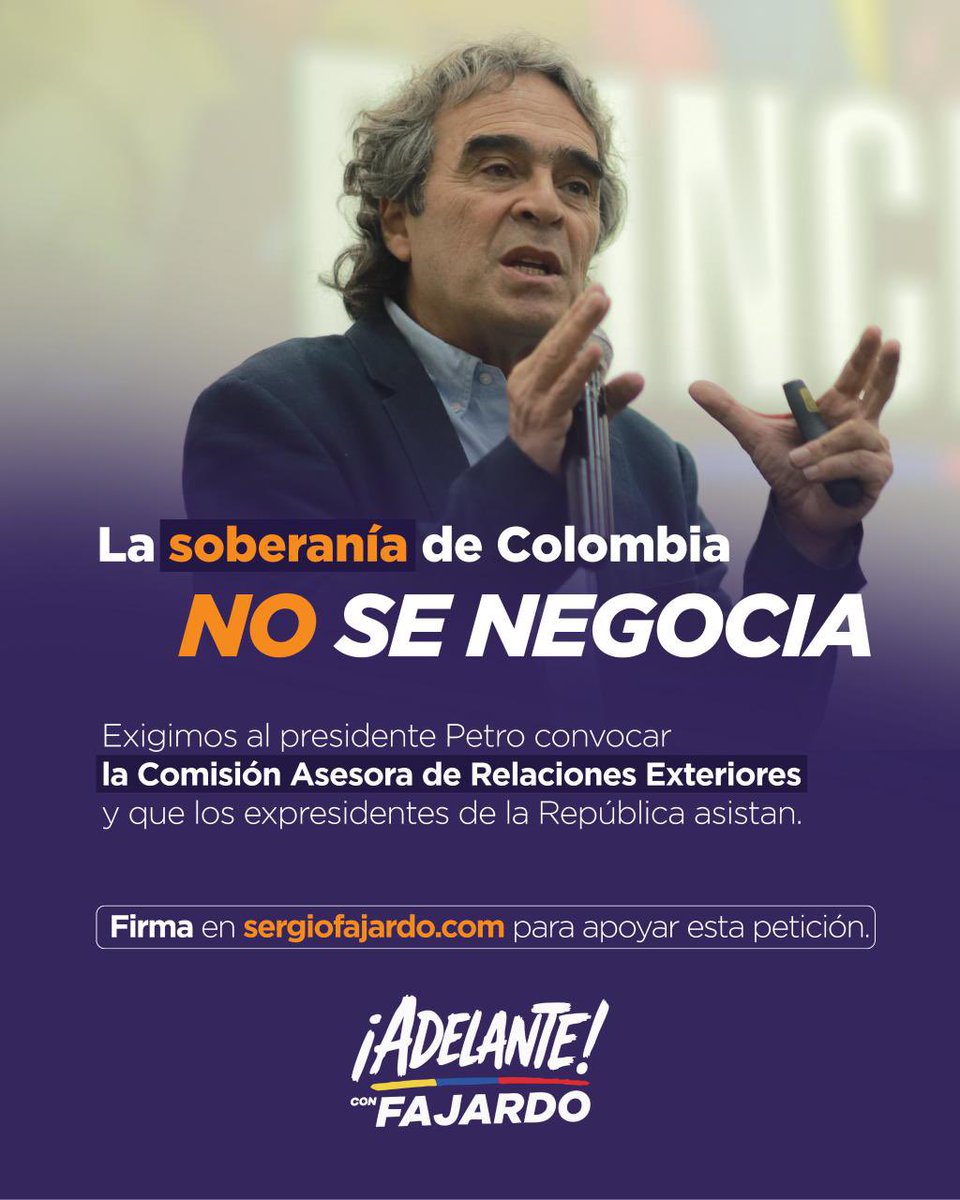 *¡La soberanía de Colombia no se negocia!*Por encima de cualquier diferencia política, debe primar el interés nacional. Por eso, invitamos a firmar y compartir
🚨*Los invitamos a firmar en sergiofajardo.com para respaldar esta petición.* Ayúdennos a multiplicar el mensaje.