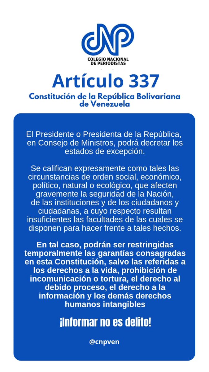 Recuerden autoridades policiales y militares que la #LibertadDeExpresion y la #LibertadDeInformacion ambas constituyen #DDHH amparados por los Arts 22, 23, 48, 57, 58, 337 Carta Magna y Trat Internac, además del respeto al secreto e inviolabilidad de las comunicaciones privadas.