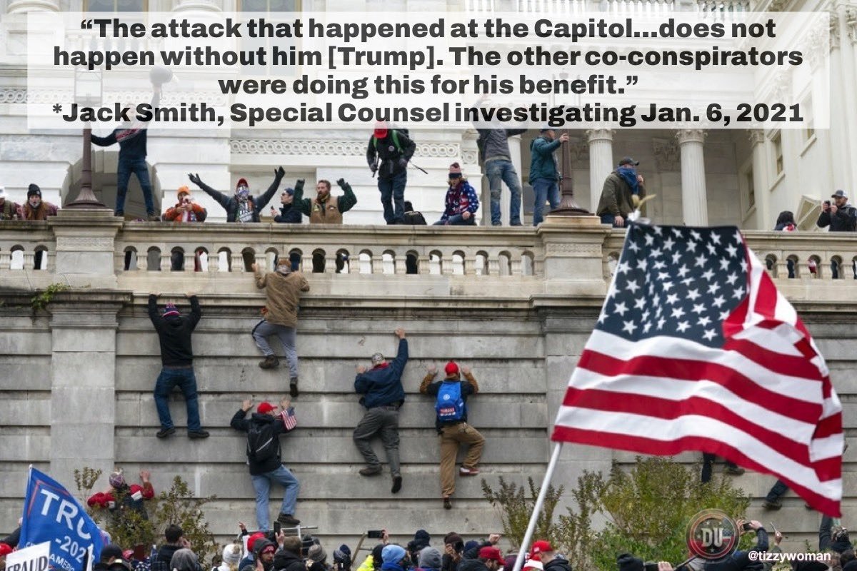 FeistyLibLady's tweet photo. Just in case you are foolish to enough to believe the 1.6.2021 insurrection didn't happen or the crowd was calm and peaceful, here are some facts.   

Proud Boy leader, Joe Briggs cried at his sentencing & said, "‘My curiosity got the best of me. I know that I have to be punished and I understand."  He was there and acknowledged the violence.  

At his sentencing Proud Boy leader Zachary Rehl said,  “It wasn’t just January 6. It was the protests, the rallies. January 6 was just the icing on the case. For what it’s worth, I stand here today and say that I am done with all of it. I am done with politics; I am done peddling lies for other people who don’t care about me.”  Zachary Rehl was there and acknowledged the violence.  

Proud Boy Chairman Enrique Tarrio apologized for the “pain and suffering” of law enforcement, legislators, and others suffered on January 6, and vowed to have “nothing to do with politics, groups, activism or rallies. “I have always tried to hold myself to a higher standard and I failed. I held myself morally above others, and this trial has shown me how wrong I was.”  Enrique Tarrio was there and acknowledged the violence.  

Many Americans saw it in their living rooms as they watched live.  They were there and they acknowledged the violence. 

There was violence and there was an insurrection on January 6, 2021.  Believe it.   

Donald Trump planned it and sent his followers to the Capitol.

Jack Smith is correct and Trump is corrupt AF.
#DemsUnited