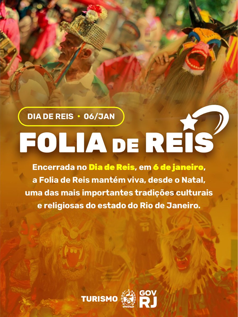 TurismoRJ's tweet photo. Celebrada até o dia 6, a Folia de Reis mantém viva uma das mais importantes tradições culturais e religiosas do RJ. Com música, cores e devoção, os grupos percorrem cidades, levando cultura a todos. Em qual cidade do RJ você já participou de uma? Responda aí nos comentários! ⬇️ https://t.co/LRVJmLlWrh