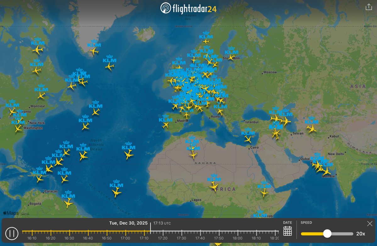 Between Friday 2 Jan and tomorrow, KLM has canceled more than half of its scheduled flights.

2 Jan: 202 (28%)
3 Jan 294 (43%)
4 Jan 398 (57%)
5 Jan 463 (71%)
6 Jan 417 (64%)
7 Jan 600 (92%)

Image of active KLM flights now compared to same time last week.