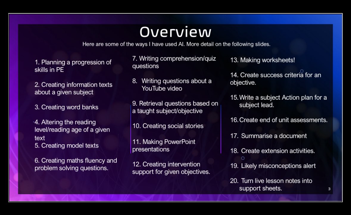 Recently I’ve discovered that I can take a photo of my live lesson whiteboard notes &amp; ask ChatGPT to turn them into support sheets for the children. Did a good job! I’ve added it to my Top 20 ways AI can support teachers ppt. Drop me a dm if you’d like a copy. Overview below👇🏼👀