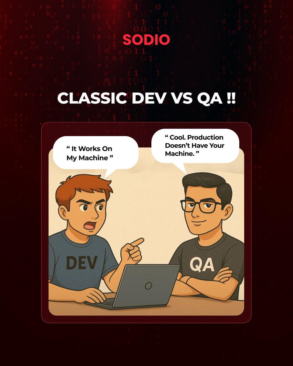 The ultimate showdown: The optimistic Dev vs. the "I'll find a bug in 5 seconds" QA. ⚔️

Who are you in this picture? 💻 The Dev 🔍 The QA
Tell us your funniest "But it worked locally!" story in the comments!

#SoftwareEngineering #QA #DevOps #Sodio #SoftwareDevelopment