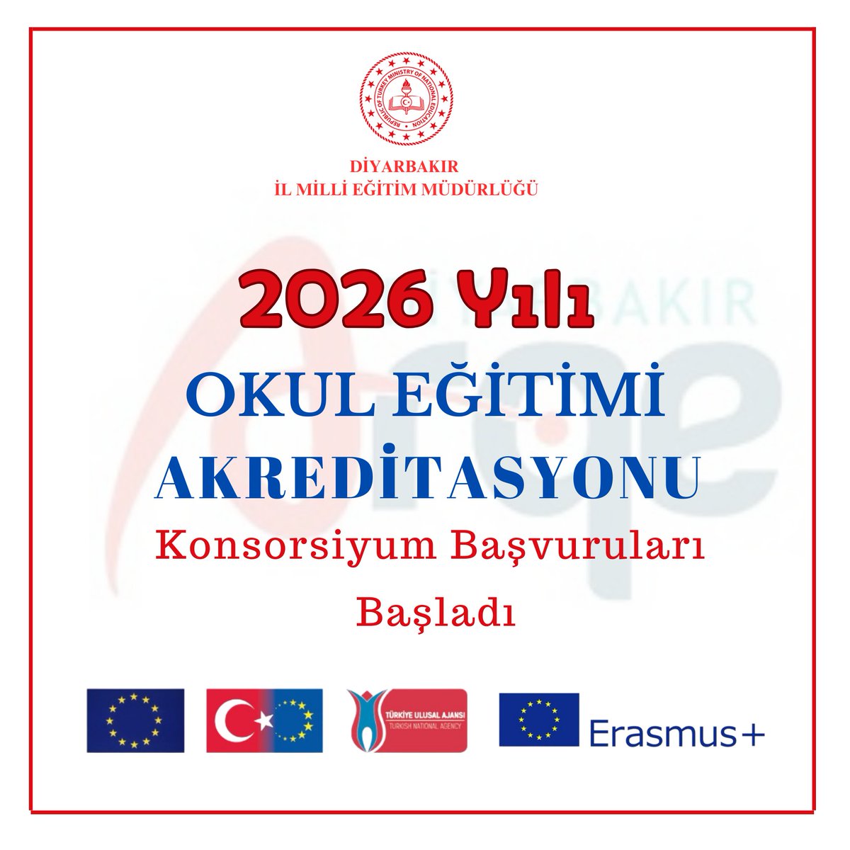 📢 2026 Yılı Erasmus Akreditasyonu Konsorsiyum Başvuruları Başladı!

Diyarbakır İl Millî Eğitim Müdürlüğü Erasmus Akreditasyonu 2026 Yılı konsorsiyum başvuruları, Turna Portal’da yayınlandı. 🌍✈️

🔗 turnaportal.ua.gov.tr

📌 Okul Eğitimi Akreditasyonu
🗓️ Son Başvuru: 23 Ocak