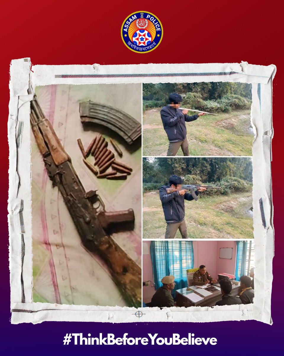 assampolice's tweet photo. A WhatsApp status showing what appeared to be AK-47 rifles recently went viral, causing concern in the area.

Bongaigaon Police  acted swiftly, identified the individuals involved, and verified the content as AI-generated synthetic media. 

No real weapons were used or recovered, three people have been apprehended.

Misusing AI to create fear or misinformation is a serious matter and we request everyone to not cross the line with AI (mis)use. 

Kudos to @bongaigaonpolic for the timely response.

@HardiSpeaks @DGPAssamPolice