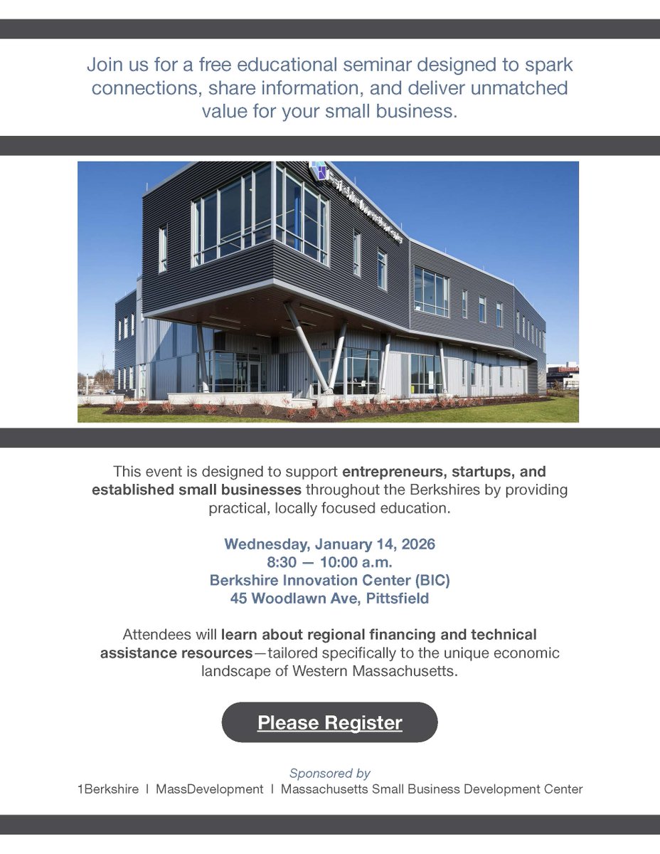 MassDev's tweet photo. Entrepreneurs, startups &amp; small businesses #InTheBerkshires are invited to learn about regional financing &amp; technical assistance resources at a free educational seminar held on January 14 at the Berkshire Innovation Center!

Learn more &amp; register ➡️ https://t.co/QuQivmlDXz https://t.co/JQR0dCfy6z