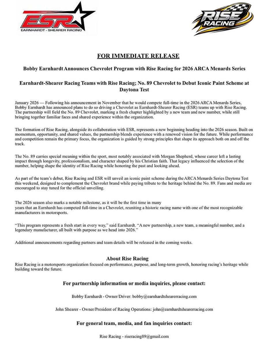 Daytona Test is only 3 days away 🔥

I’m excited to announce that for the 2026 ARCA Menards Series, I’ll be running a Chevrolet with <a href="/RiseRacing89/">Rise Racing</a> driving the No. 89 Chevy.

Can’t wait to unveil this iconic paint scheme at the track. Stay tuned 👀

#ARCA #Daytona #Chevrolet