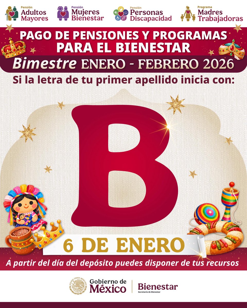 ❤️ Aviso Importante 📷Si tu apellido comienza con la letra B, a partir del 6 de enero, podrás disponer de tu recurso correspondiente al bimestre enero-febrero de las #PensionesBienestar y el programa #MadresTrabajadoras.
<a href="/Claudiashein/">Claudia Sheinbaum Pardo</a>

#HumanismoMexicano #PrimeroLosPobres