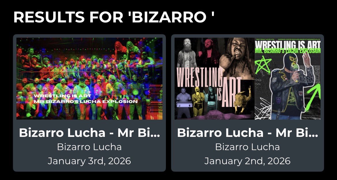 NOW ON <a href="/indiewrestling/">IWTV</a>:
2 versions of MR BIZARRO’S LUCHA EXPLOSION with alternate commentary tracks. 
Mat Daddies🆚<a href="/TragedyBoiz/">Tragedy Boiz (Not A Cult)</a>
<a href="/PolterKaist_/">Kai Fayden 👻🕯️</a>🆚<a href="/DrNephalim/">Dr. Nephalim Magnanimous</a>
Coulda Bumped🆚GAYw/<a href="/Hawleeasaur/">Sorceress of the Black Moon Hawlee Cromwell</a> 
<a href="/AcePerryIndy/">Ace Perry</a>🆚<a href="/DalePatricks/">インディアナポリスのデスマッチ馬鹿</a>🆚Tripp Cassidy
7 Person Scramble
#LuchaExplosion