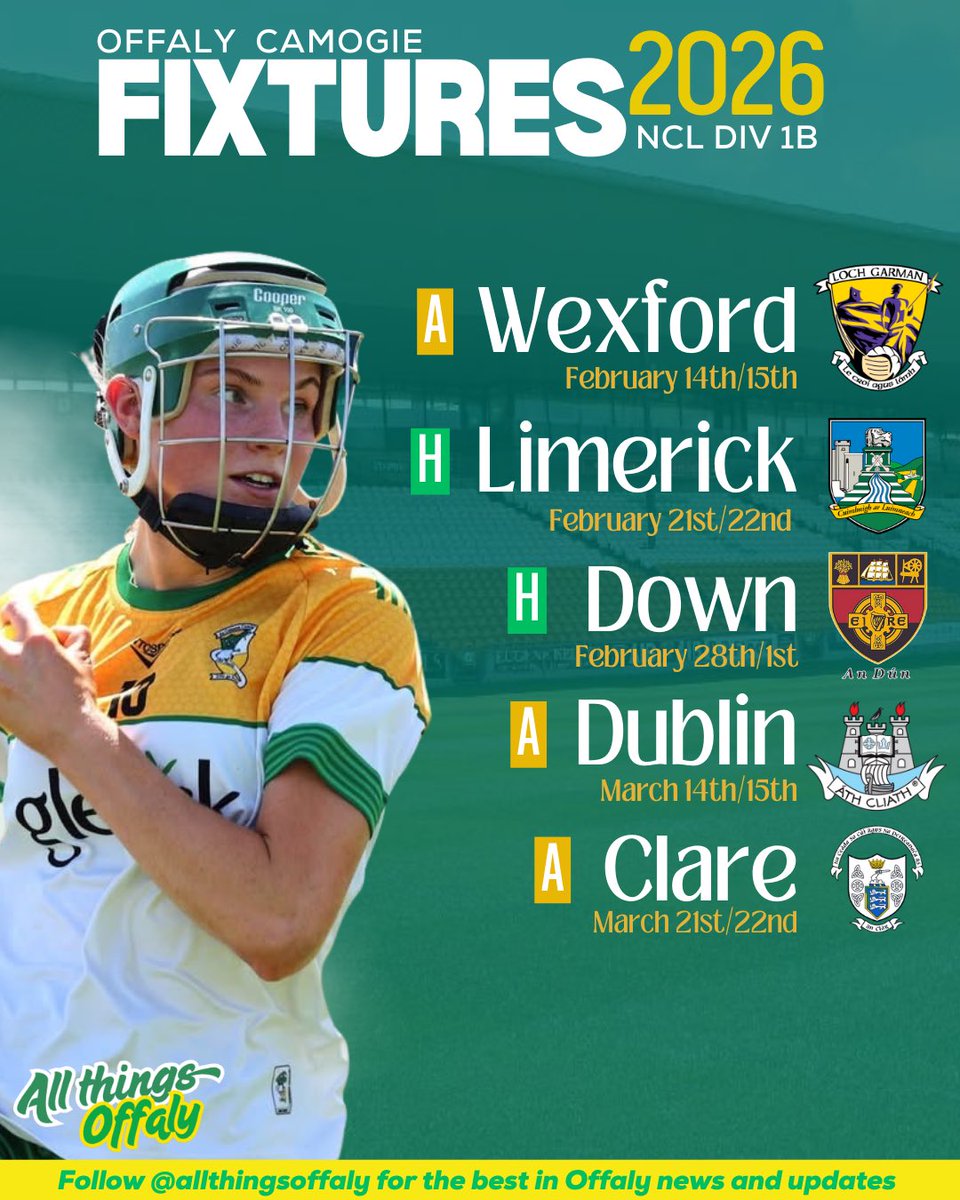 AllThingsOffaly's tweet image. Offaly return to Division 1B this Spring. Here are the fixtures for the upcoming league.

@OffalyCamogie @OffalyCamogPics