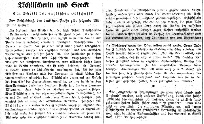 RBEZZATO's tweet photo. #1925Live. 30 de Diciembre de 1925.
Varios diarios alemanes informan que durante su reciente y fugaz visita, el Comisario de Asuntos Exteriores de la URSS Georgy Chicherin habría mantenido una reunión con el Generalmajor @VonSeeckt_1920, Chef der Heeresleitung der Reichswehr. https://t.co/OI4C7BzwPi