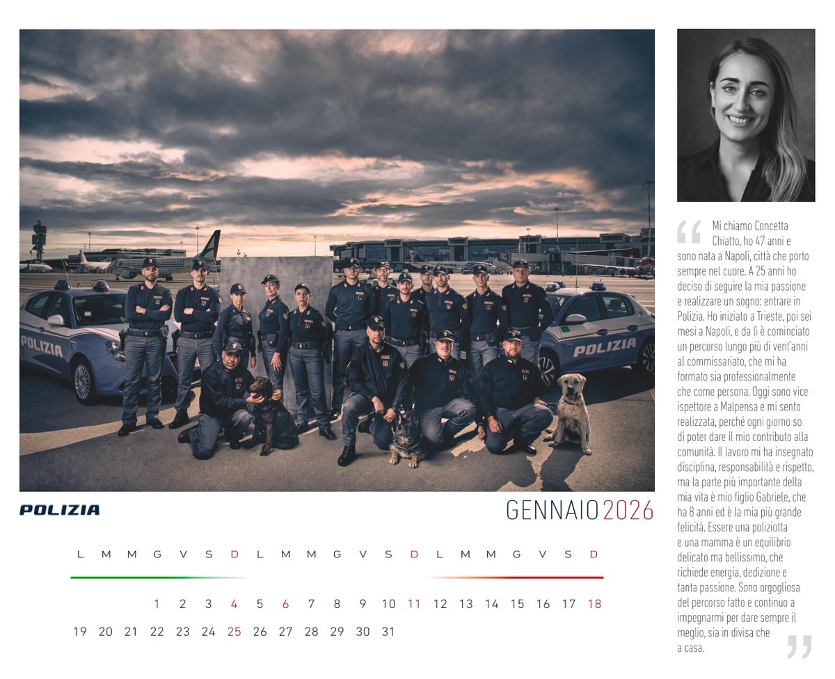 Cominciamo l'anno con il nuovo #calendarioPolizia 2026 realizzato da Settimio Benedusi e Guido Stazzoni e i cui proventi sostengono iniziative solidali.
Protagonisti di gennaio sono Concetta con i colleghi poliziotti della Frontiera di Milano Malpensa.
 
#essercisempre #1gennaio