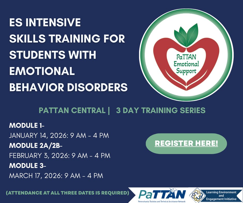 pattanupdates's tweet image. Now Enrolling 📢 ES Intensive Skills #TeacherTraining—Winter Series!

This FREE series will help #EmotionalSupport teams to support students with emotional behavior disorders 💪

🗓️ Jan 14 | Feb 3 | Mar 17
🕘 9AM–4PM
📍 PaTTAN Central

📌 Register now: bit.ly/48OSFgm