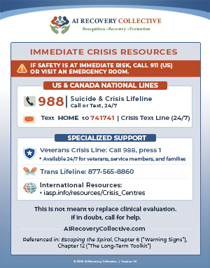 When you’re spiraling, you don’t need more info; you need a floor. This is a quick-reference guide for immediate emergencies.

Please save it to your phone, print it for your office, or share with someone who needs it

AIRecoveryCollective.com/tools 

#AISpiral #AIethics #ResponsibleAI