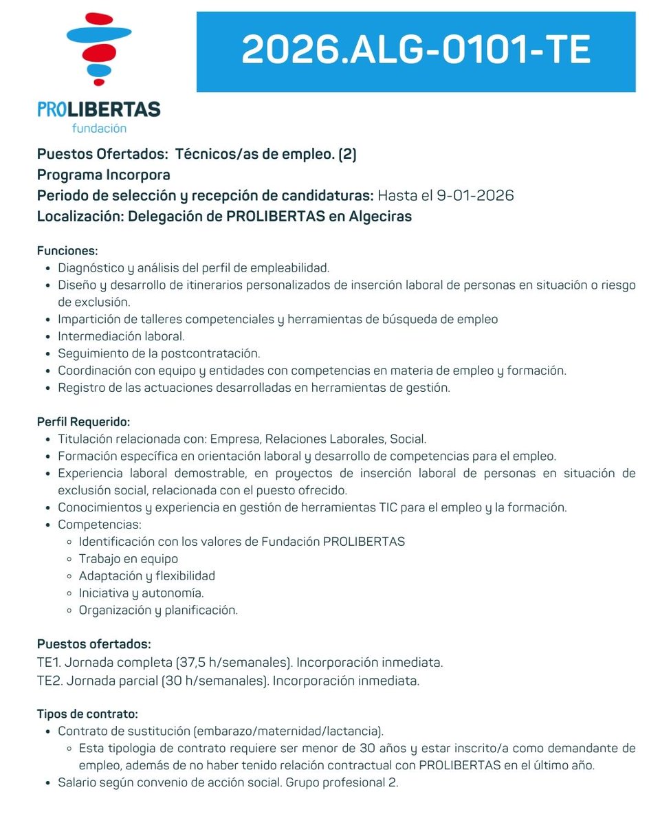 FProlibertas's tweet photo. Abrimos proceso de selección en #Algeciras
👇
https://t.co/CXO4c1B677 https://t.co/SA48oel72E