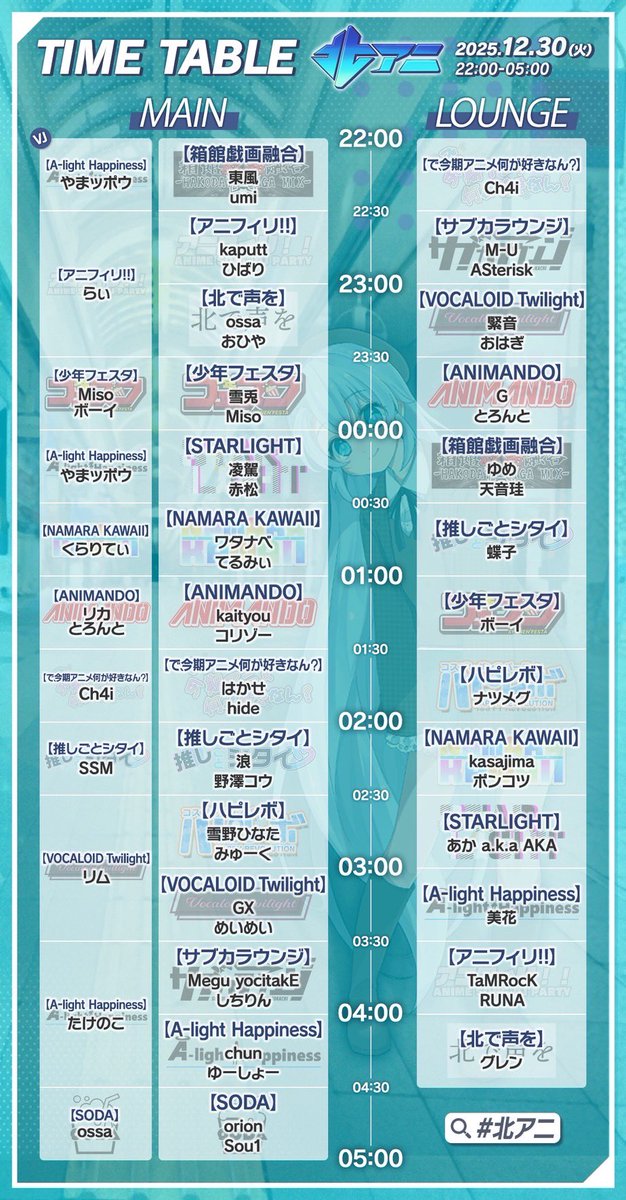 osssssada's tweet image. 声優楽曲パーティ #北で声を チームは23:00からossaおひや@noshinoshi_0o0o がメインフロア。
4:00からグレン@con_kenta_con がラウンジでDJやります！何卒！！ #北アニ