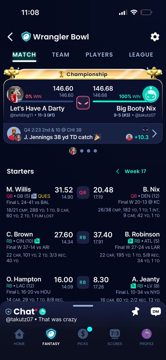 t_whiting11's tweet photo. @TheFFBallers Lost one, won the other. Less than a point difference. https://t.co/3JDWJUmk48