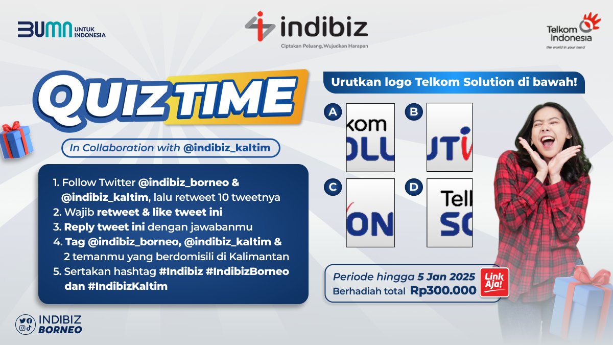 Yuhu, Quiz Time kembali lagi bersama Indibiz Borneo &amp; Indibiz Kaltimtara~

Susun dan tebak logo ini, lalu share jawabanmu di reply agar Sobiz bisa menangin hadiah ratusan ribu rupiah.  Jangan sampai terlewatkan ya Sobiz, cek juga Quiz Time ini di FB &amp; IG! 

#Indibiz