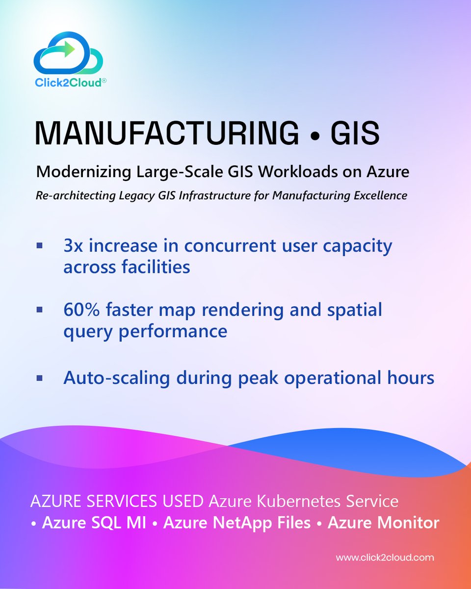 Modernizing GIS &amp; asset intelligence for manufacturing 📍
Click2Cloud helps modernize legacy GIS platforms on Azure—unlocking scalability, performance, and smarter, data-driven operations.
#Azure #Manufacturing #CloudModernization