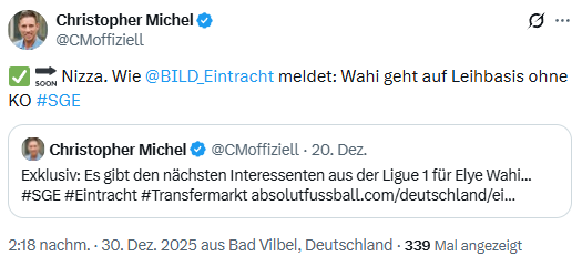 AdlerNews's tweet image. Nächster Done Deal:
@CMoffiziell bestätigt die Leihe von Elye #Wahi zu OGC Nizza! ✅ #SGE 🦅