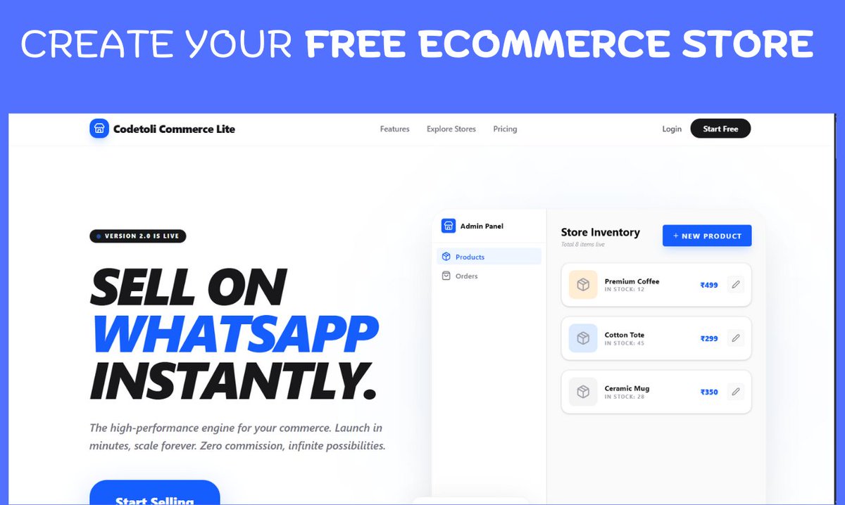 codailine's tweet photo. Just launched Codetoli Commerce Lite.

A lightweight ecommerce platform where you:

Add products in minutes

Get an inbuilt SEO optimized storefront

Sell via WhatsApp checkout

Get free domain, hosting, and SSL
Built for fast launches and zero setup https://t.co/9yQendWjRu