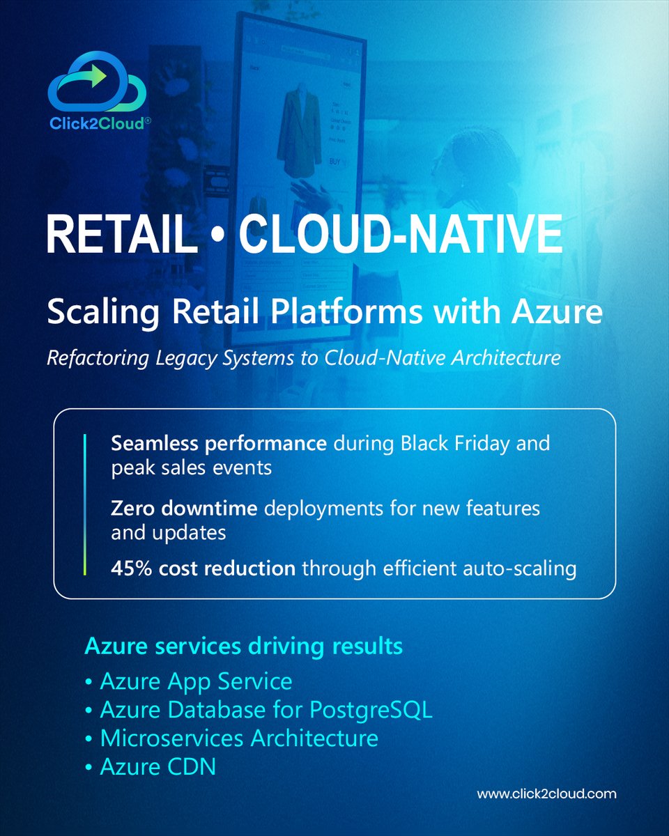 Modernizing retail platforms with Azure 🚀
Click2Cloud helps retailers refactor legacy applications into cloud-native solutions—unlocking scalability, performance, and agile digital experiences.
#Azure #RetailInnovation #CloudTransformation