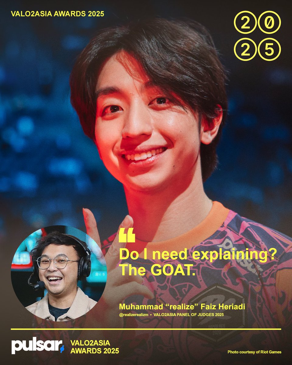 VALO2ASIA's tweet photo. #1 APAC (PAC+CN) - PRX f0rsakeN (Jason Susanto)

“Do I need explaining? The GOAT.” - Muhammad "realize" Faiz Heriadi (@realizerealizm)

#TheVALO2ASIAAwards 2025 is brought to you by @PulsarGears https://t.co/MU37ukb4R3