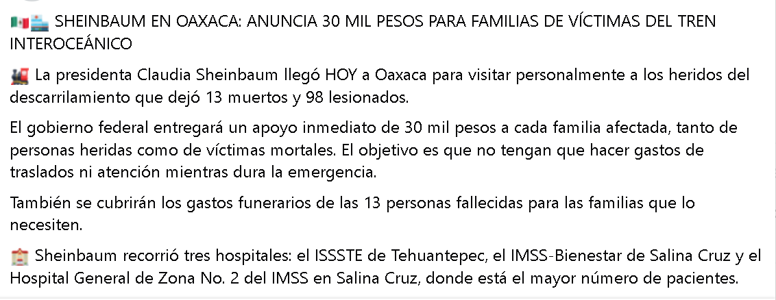Nuestro pésame a familias de mexicanos asesinados por  corrupción del cártel de MORENA en SINIESTRO DEL TREN 4T, obra símbolo de la Dictadura Comunista de López-Sheinbaum.
Su gobierno humanista les entregará $30 mil pesos para su funeral, gracias por viajar en tren bienestar