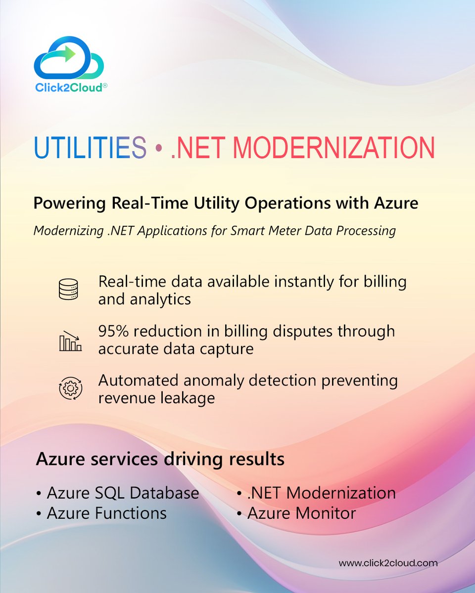 Modernizing utility platforms with Azure ⚡
Click2Cloud helps utilities upgrade legacy .NET applications to enable real-time metering, scalable operations, and smarter, data-driven services.

#Azure #SmartUtilities #CloudModernization