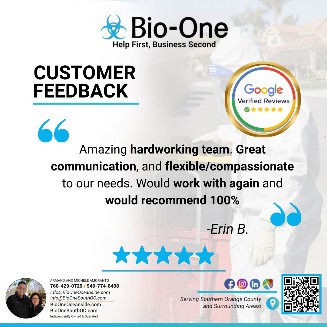 BioOneSouthOC's tweet image. ✨ 100% Recommended ✨

Amazing feedback like this motivates our team every day.  

📞 Southern Orange County – 949-774-8408
📞 North San Diego County – 760-429-0729

#CustomerLove #TrustedProfessionals #BioOne #ServiceYouCanTrust