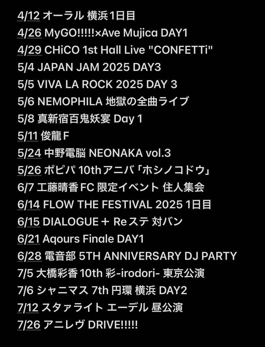 SHINOHA408's tweet photo. 2025年ライブ、イベント全81公演走り切りました！
いや誰だよ今年は減ってるって言ったやつ？！俺だよ！！
声優イベ系も含めてるので多めかも

ちな今年1のライブはアイマスMOIWのDAY2ですな
セトリがマジで強すぎ、座席運良すぎましたわ

邦ロック現場だと1月のヤバTだな
豊洲が壊れるかと思ったもんw https://t.co/zTC81zhZkT