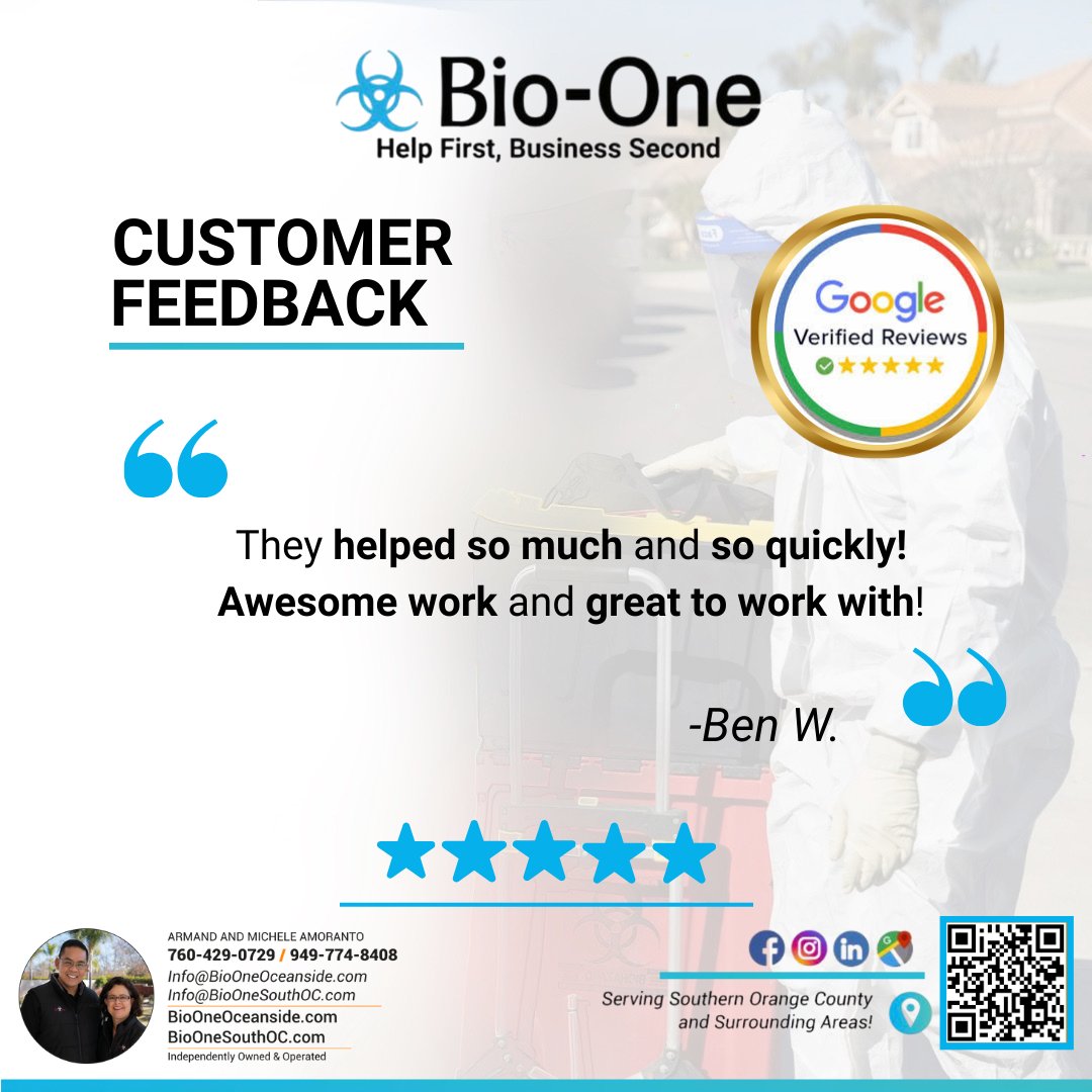 BioOneSouthOC's tweet image. ✨ Fast, Friendly, Professional! ✨

Our team takes pride in providing efficient, thorough service while making the process easy and stress-free. 

📞 Southern Orange County – 949-774-8408
📞 North San Diego County – 760-429-0729

#BioOne #TrustedProfessionals #CustomerLove