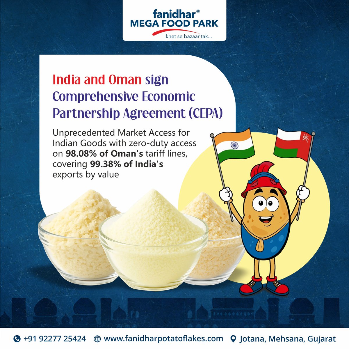 Fanidharmega's tweet photo. India–Oman CEPA marks a new chapter in trade, unlocking growth, collaboration, and global opportunities for Indian food excellence.

#FanidharMegaFoodPark #potatoflakes #potatosolutions #readytocook #foodproducts #trade #IndiaOmanTrade #CEPA #tradenews #India #Oman #GCC https://t.co/9FbsrCpZZO