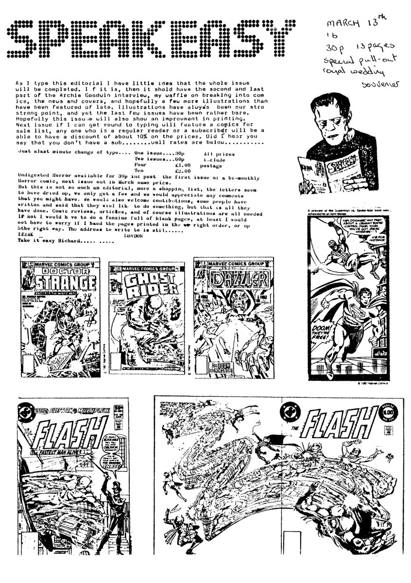 David_HPrice's tweet photo. SPEAKEASY #16

Editor: Richard Ashford
Cover (I suspect) by Carl Stevenson
1981

Back to the very early days of the zine, here. Mostly reviews, and an interview with Archie Goodwin.

As always, you can read the issue in full at the Fanscene archive:
https://t.co/cRrr73QWxs https://t.co/dLfbl8PH7Q