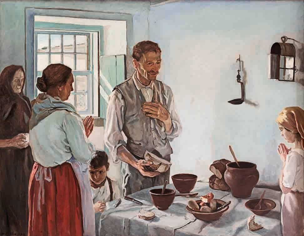 "Thanks Before Meal" (1940) - Domingos Rebêlo

Is an oil painting that belongs to Domingos Rebêlo's mature phase, following his modernist experience, marking a return to an approach more linked to the regional and ethnographic themes and the representation of popular life.
(...)