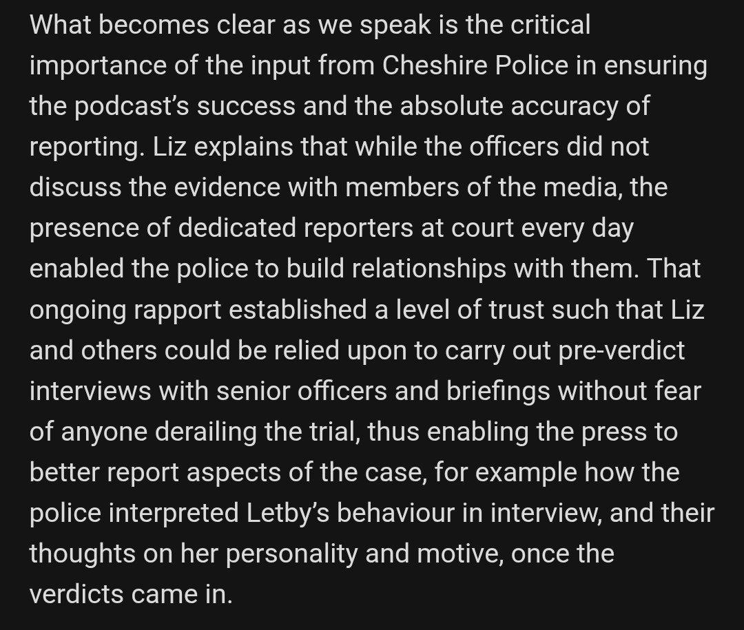 merchant47's tweet image. Below, Liz Hull details how the "success" of her podcast relied on the input of Cheshire Police. As an embedded journalist, she was "relied upon" for pre-verdict briefings, allowing the press to report the police's specific view on Letby’s motive and personality.
#Letby