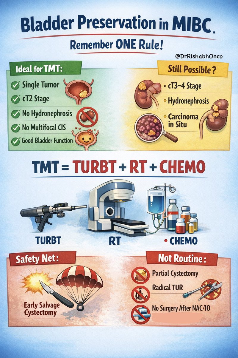 DrRishabhOnco's tweet photo. Radical cystectomy is NOT the only standard for MIBC anymore. 🚻🔥

The International Bladder Cancer Group just made it crystal clear in European Urology 📘

If you remember ONE thing, remember this 👇

🧠 TMT = TURBT + RT + Chemo

That’s bladder preservation.
That’s guideline backed.
That’s no longer niche care.

Who wins with TMT 🎯
🟢 Single tumor
🟢 cT2
🟢 No hydronephrosis
🟢 No multifocal CIS
🟢 Good bladder function

Big myth busted ⚠️
cT3–4, CIS, hydronephrosis
👉 Worse prognosis ≠ absolute no

The safety net that makes this work 🛟
If local failure happens
👉 Early salvage cystectomy still cures

What is NOT routine 🚫
❌ Partial cystectomy for most
❌ Radical TUR alone
❌ Skipping local therapy after chemo or IO outside trials

One line takeaway 💡
If you never discuss TMT, you are denying patients a real option.

Would you offer TMT to every eligible MIBC patient ❓

📖 Full paper in comment ⬇️

#BladderCancer #UroOncology #OncoTwitter #MedTwitter #EAU

@OncoAlert @myESMO @ESMO_Open @Uromigos