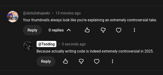 tsoding's tweet photo. My hottest take is actually writing code https://t.co/tpZ7bW42Vo