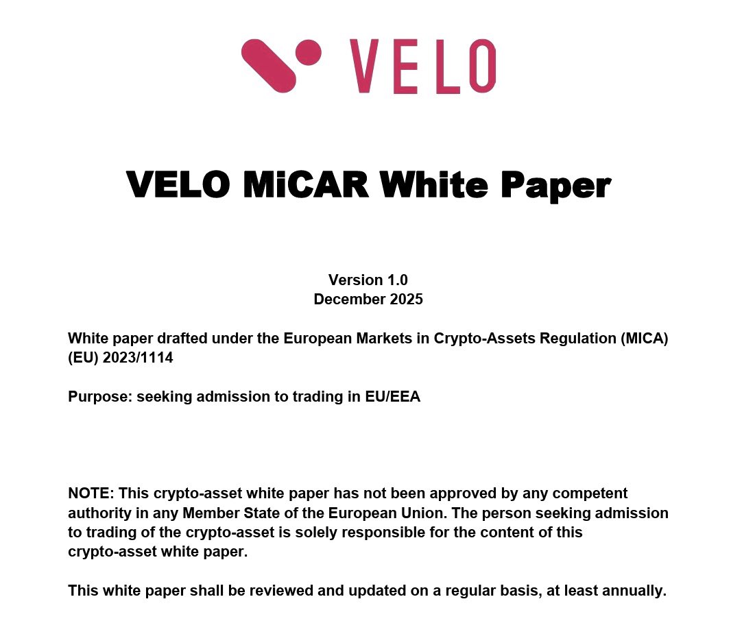 MarcoSalzmann80's tweet image. 🧵 VELO publishes a MiCA (MiCAR) Crypto-Asset White Paper — what it actually means

@veloprotocol has published a MiCA (EU Regulation 2023/1114) Crypto-Asset White Paper (Version 1.0).
This is not a marketing whitepaper, but a regulatory disclosure document required under EU law.…