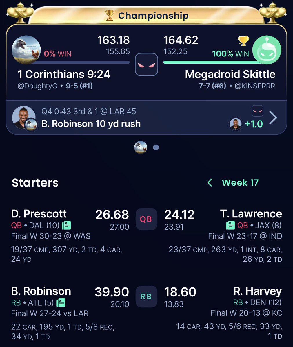 nodoughty's tweet photo. @BarstoolBigCat Was down 41 pts before Bijan last night… brutal stuff https://t.co/K8CvP8IIhI