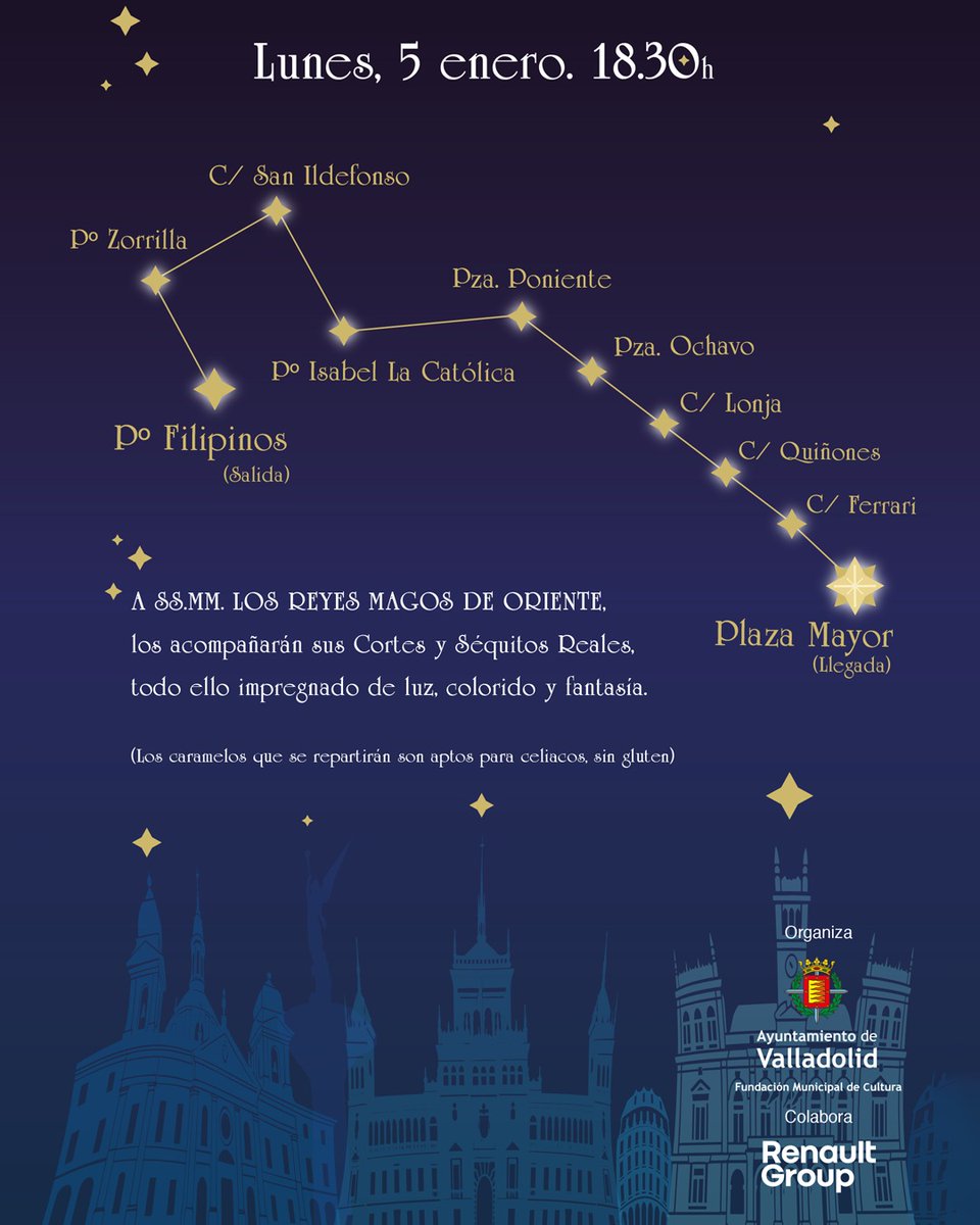 ¡Los Reyes Magos llegan a Valladolid!👑

Melchor, Gaspar y Baltasar recorrerán las calles del centro y repartirán caramelos🍬

El desfile llevará una marcada temática navideña, además de referencias a la ciudad de Valladolid❄️

🗓️5 de enero 🕒18:30h