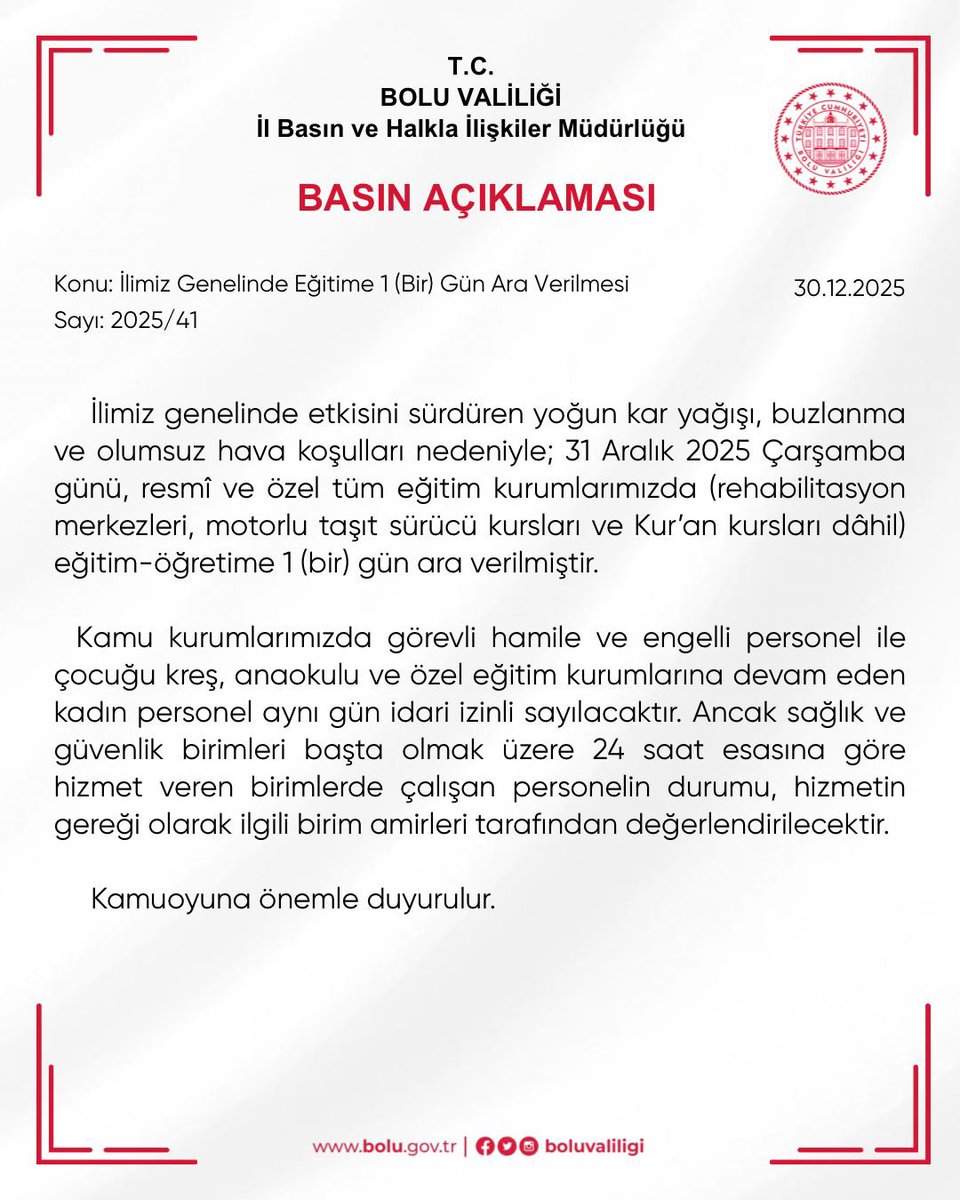 İlimiz Genelinde Eğitime 1 (Bir) Gün Ara Verilmesi Hakkında ⤵️

🔗 bolu.gov.tr/basin-aciklama…