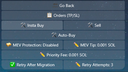 jumprCrypto's tweet photo. 6. Set your Buy amount: Click on TX Settings -> Auto Buy

7. Set your TP/SL: From TX Settings, go into Orders (Don't forget to make them Active by clicking the button)

8. From the main screen, hit the "❌Disabled" button to activate your sniper!

9. That's it! GLHF https://t.co/NVUfkYevwo