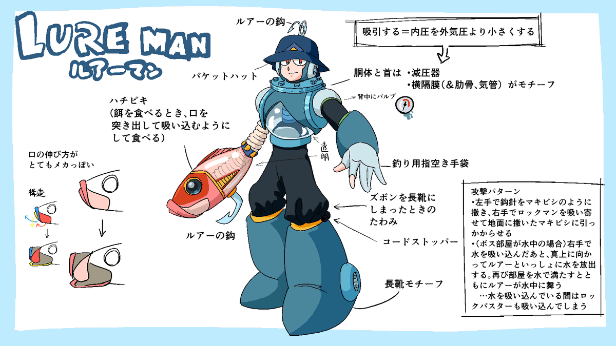 #ロックマンDO #ボスデザインコンテスト 
応募部門：ボスデザイン部門
ペンネーム：VeertigNix
強い吸引力で餌を捕食するというハチビキという魚に着想を得、釣りや疑似餌（ルアー）をモチーフに考えてみました