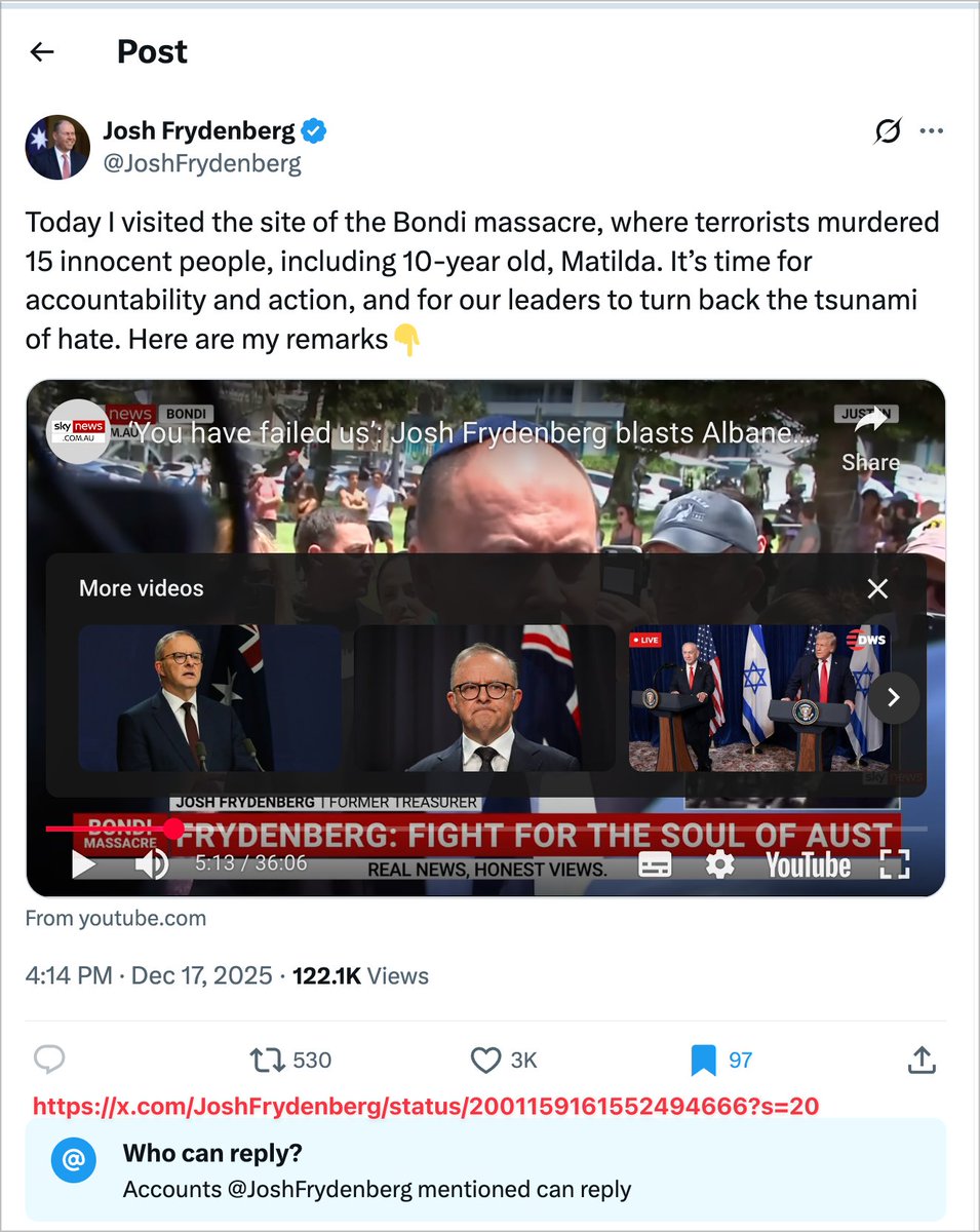 TheNoisyTrunk's tweet photo. Media Analysis: #JoshFrydenberg Post - 4:14 PM · Dec 17, 2025

COMMENTS WERE DISABLED by Frydenberg

🧵 1/3 inc. Sources*

Despite attracting over 122,000 views, less than 3% likes and 0.5% reposts, Josh Frydenberg turned off comments, essentially shutting down public feedback. What follows is an unemotional, factual analysis. It does not sidestep the horror, grief, or gravity of the terrible event at Bondi, nor is that the intention here.

This is not about questioning grief or denying pain. It is about being precise with facts and timelines.

Josh Frydenberg says he went to Bondi “to mourn” — and that is not in dispute. But he also explicitly says, very early in the speech: “I’m here to mourn, but I’m also here to warn.” From that moment (≈1:43), the speech changes function. By structure and content, the address becomes a political intervention. Roughly 90 seconds focus on mourning; the remaining ~33 minutes are devoted to attributing blame to the Prime Minister, framing Bondi as a “terrorist attack” to shift the debate into the security domain, and outlining a specific policy platform.

This is where context—and history—matters.
The speech presents the current threat as a sudden, post-October 7 failure. However, the record shows that the Coalition government, in which Frydenberg was a senior Minister and NSC member or attendee, already knew there were significant threats years ago.

1. The “Bollards” vs. “Prevention” Shift:
Between 2016 and 2022, the Coalition provided tens of millions in security funding (via the Safer Communities Fund - $184 million) to Jewish schools and synagogues among others. The money never stopped. The current claim in his speech that the community has been “abandoned” (36:18) is a rhetorical choice, not a financial reality. Funding for security infrastructure was a standard, multi-million dollar commitment long before October 2023.

2. The Dismantled Architecture:
After Christchurch in 2019, the government established a specialised Taskforce to Combat Terrorist and Extreme Violent Material Online. It focused on the very thing Frydenberg now warns about: radicalisation. Yet, in 2021, while he was Treasurer and attended the National Security Committee, this taskforce was quietly disbanded.
                          -----------------------------------------
The focus shifted: his government prioritised physical protection (bollards and guards) while dismantling the intelligence and prevention infrastructure. He is now blaming the current government for a lack of “prevention,” despite his own administration's decision to dissolve the body specifically designed to provide it.

3. Identifying Narrative Defense Tactics:
In our previous analyses, we have observed a recurring pattern of “Moral Substitution.” This occurs when a structural critique (e.g., questioning anonymous sourcing or policy timelines) is met not with a factual rebuttal, but with a moral accusation (e.g., reframing media analysis as “advocating for community withdrawal”).

This is a form of “Poisoning the Well”—discrediting the analyst's motivations to avoid the analysis itself. We identify these “substitution” tactics early to ensure the focus remains on the verifiable record. Any attempt to shift this debate into the realm of moral character rather than factual history will be identified and held to the text.

4. Omitting History:
By omitting the history of his own government’s decisions, Frydenberg presents a narrative of “sudden failure” rather than a long-term erosion of security focus that began on his watch.

The choice to disable comments is significant; it prevents this historical context from being raised and limits the public's ability to assess political speech against the speaker's own record.

You can hold two truths at once:
• Genuine grief can coexist with political speech. 
• Political speech must still be assessed honestly.

Observing that a speech functions primarily as a political intervention is not an attack on anyone’s identity or faith. It is an accurate reading of what was said, what was omitted, and the historical record of the speaker himself.

Facts don’t diminish grief; they demand accountability.