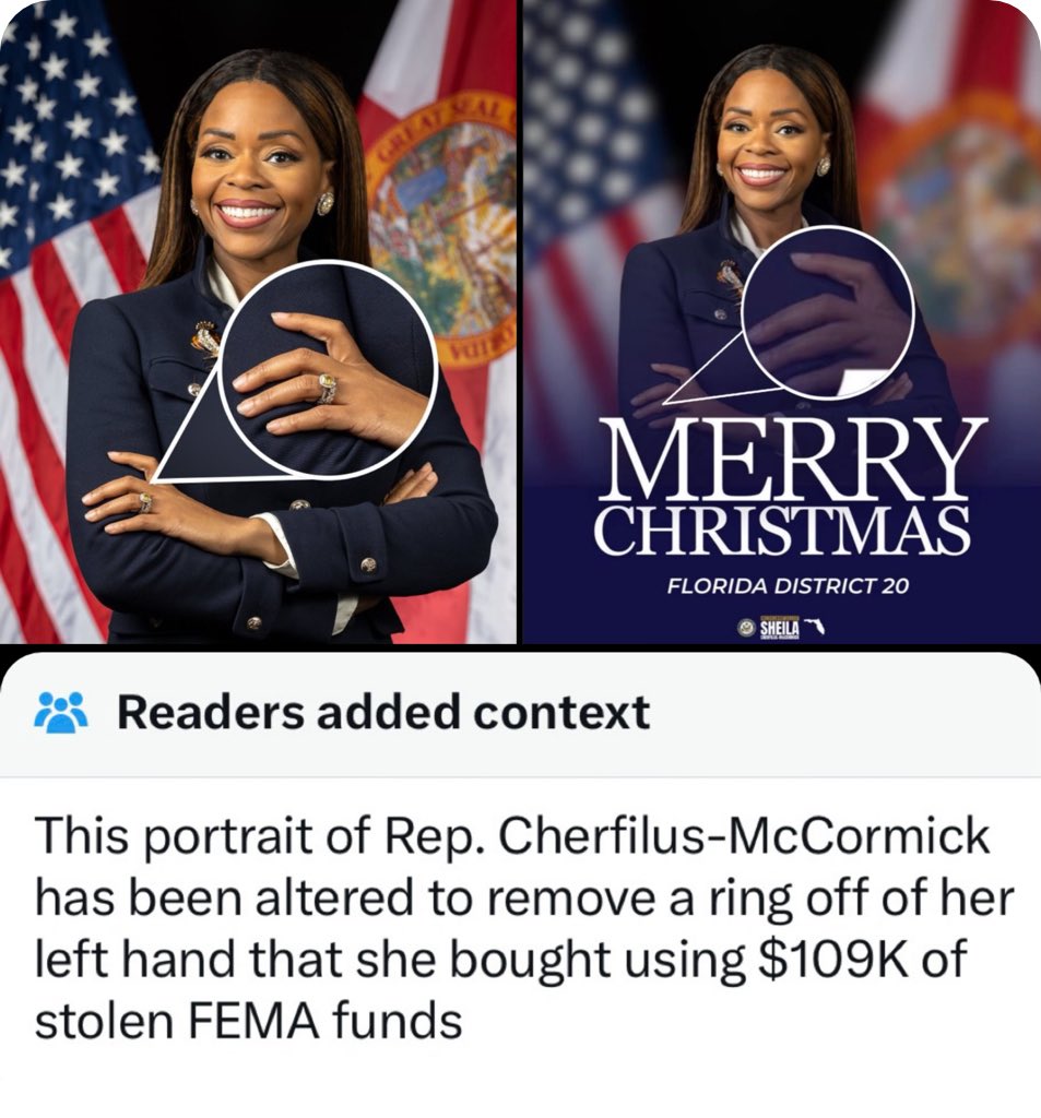 Bayanov74's tweet image. La deputata democratica #SheilaCherfilusMcCormick è stata sorpresa a cancellare dal suo messaggio di #Natale l'anello di diamanti da 109.000$ che aveva acquistato utilizzando parte dei 5mil di $ rubati dai fondi della #FEMA..

- @SGTnewsNetworks