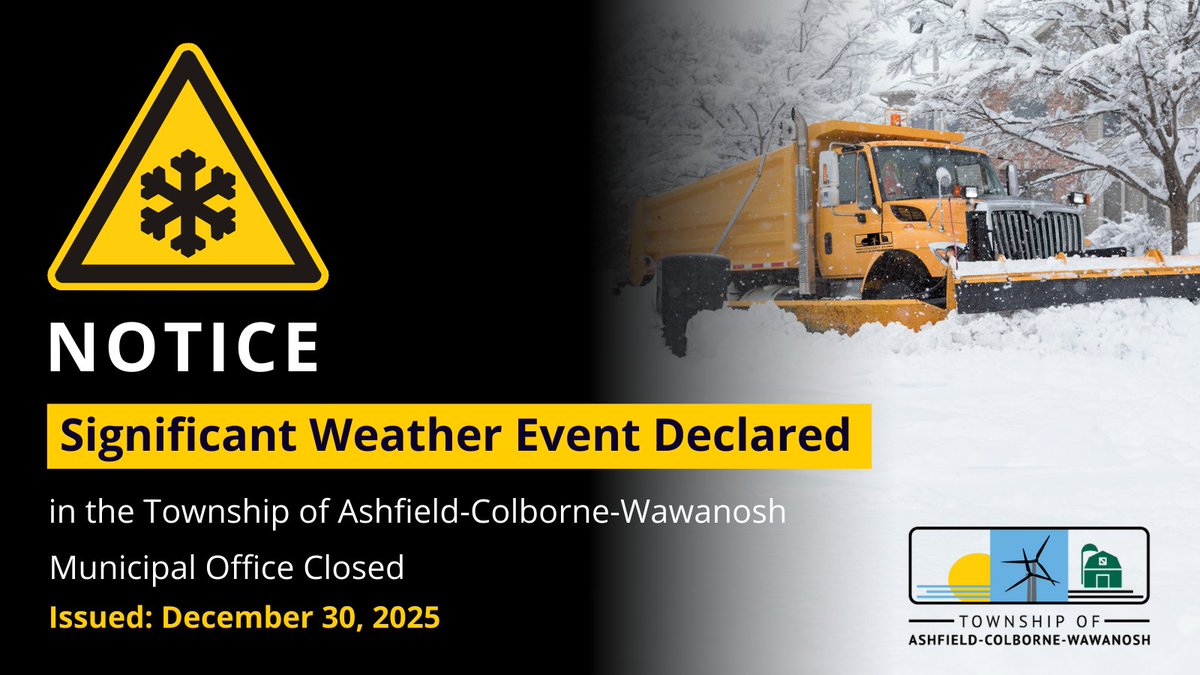 ACW Township has declared a Significant Weather Event. The Municipal Office is closed Dec. 30, 2025. Staff are working remotely and can be reached at 519-524-4669 or by email. Township roads may see reduced winter maintenance due to weather. 

Updates: acwtownship.ca