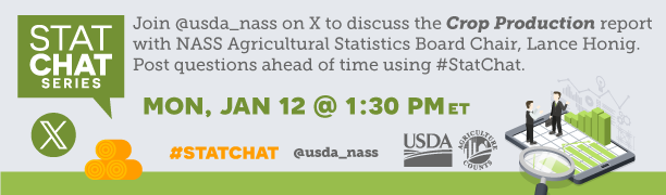 usda_nass's tweet photo. Mark your calendar for Jan. 12, 1:30 pm ET! Join @usda_nass on X to discuss the Crop Production report with NASS Agricultural Statistics Board Chair, Lance Honig. Post questions ahead of time using #StatChat. https://t.co/XmH7FEsdkc