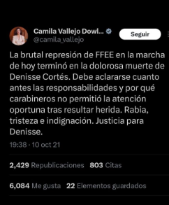 Iherreraa's tweet photo. Camila Vallejo había dicho que las FFEE habían matado a Denisse Cortés, pero resultó ser un zurdo igual que ella, y nunca se disculpó por acusar a las FFEE.  Camila Vallejo fue, es y seguirá siendo la reina de la mentira y de las fake news https://t.co/aFFkv3XxNh