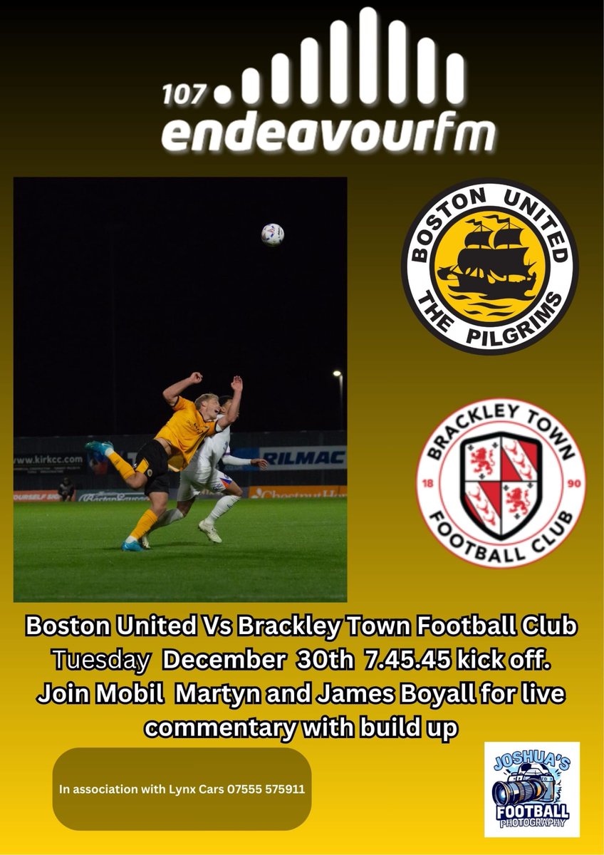 Tonight from 7pm. Join James and Mobil Martyn on <a href="/endeavourfm/">107 Endeavour FM</a> for live build up and commentary of <a href="/bostonunited/">Boston United</a> Vs <a href="/BrackleyTownFC/">Brackley Town FC</a> .
Another magical night under the lights at The Jakemans Community Stadium.

In association with Lynx Cars.